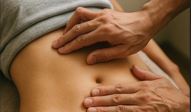 お腹を丁寧に触診している様子